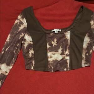 Brown and Cream Asymmetrical Fitted top with sheer sleeves size Medium